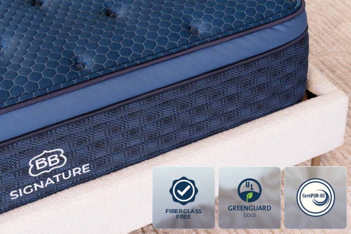 The Brooklyn Bedding Signature Hybrid with certifications: fiberglass free, greenguard gold, and CertiPUR-US.