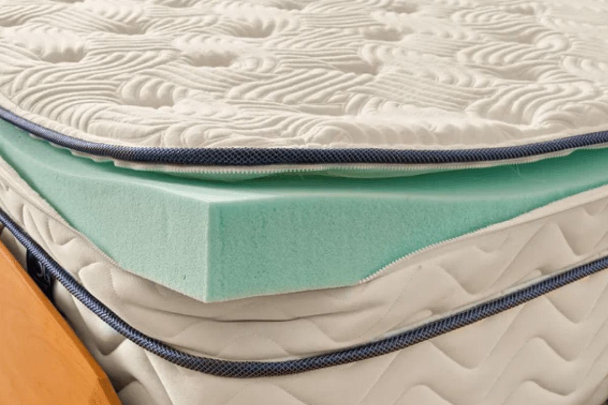 Close-up of DLX Premier Hybrid mattress layers highlighting foam construction and potential comfort issues