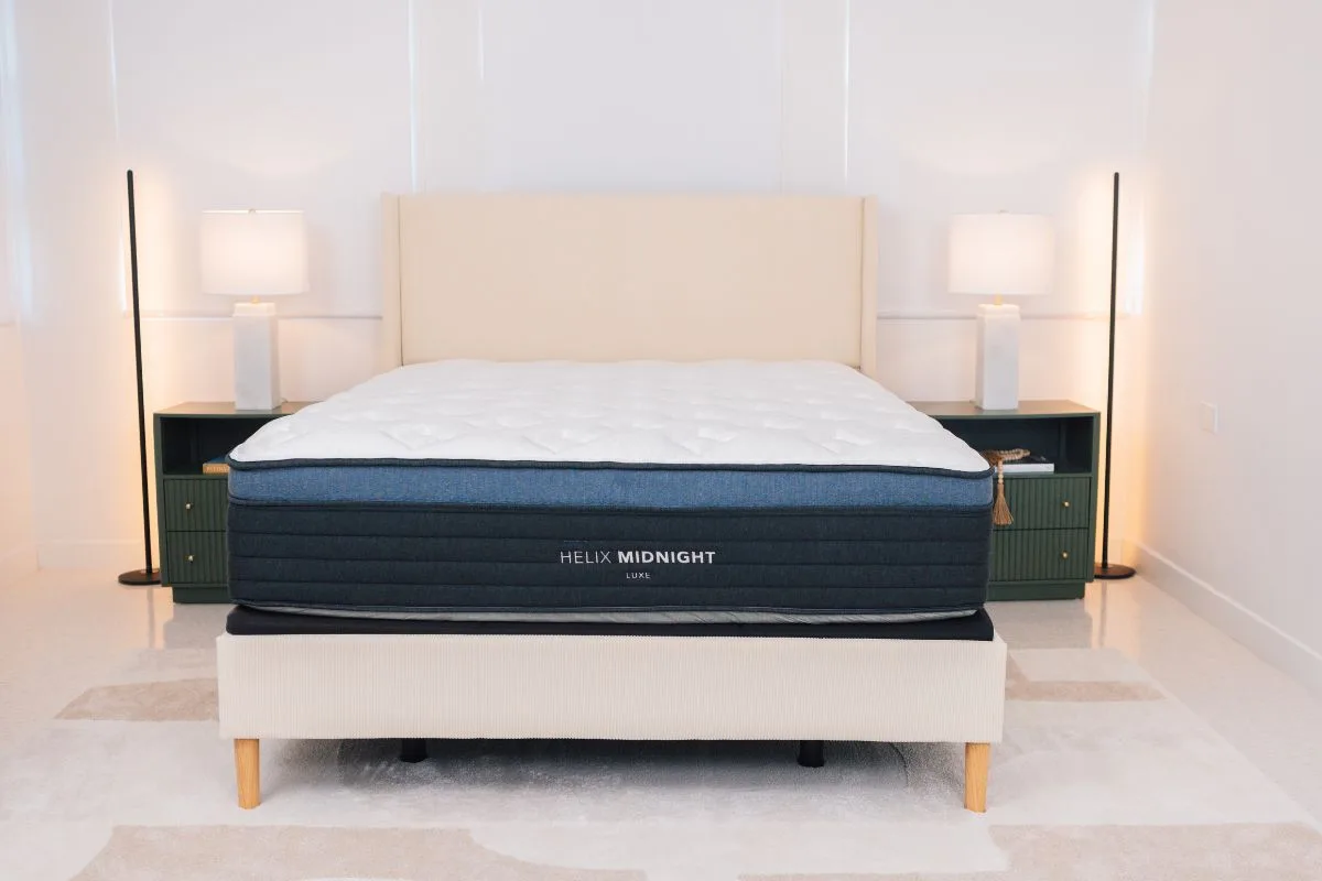 Front view of the Helix Midnight Luxe showcasing its premium hybrid design, plush pillow top, and modern bedroom setup for the Helix Midnight Luxe review