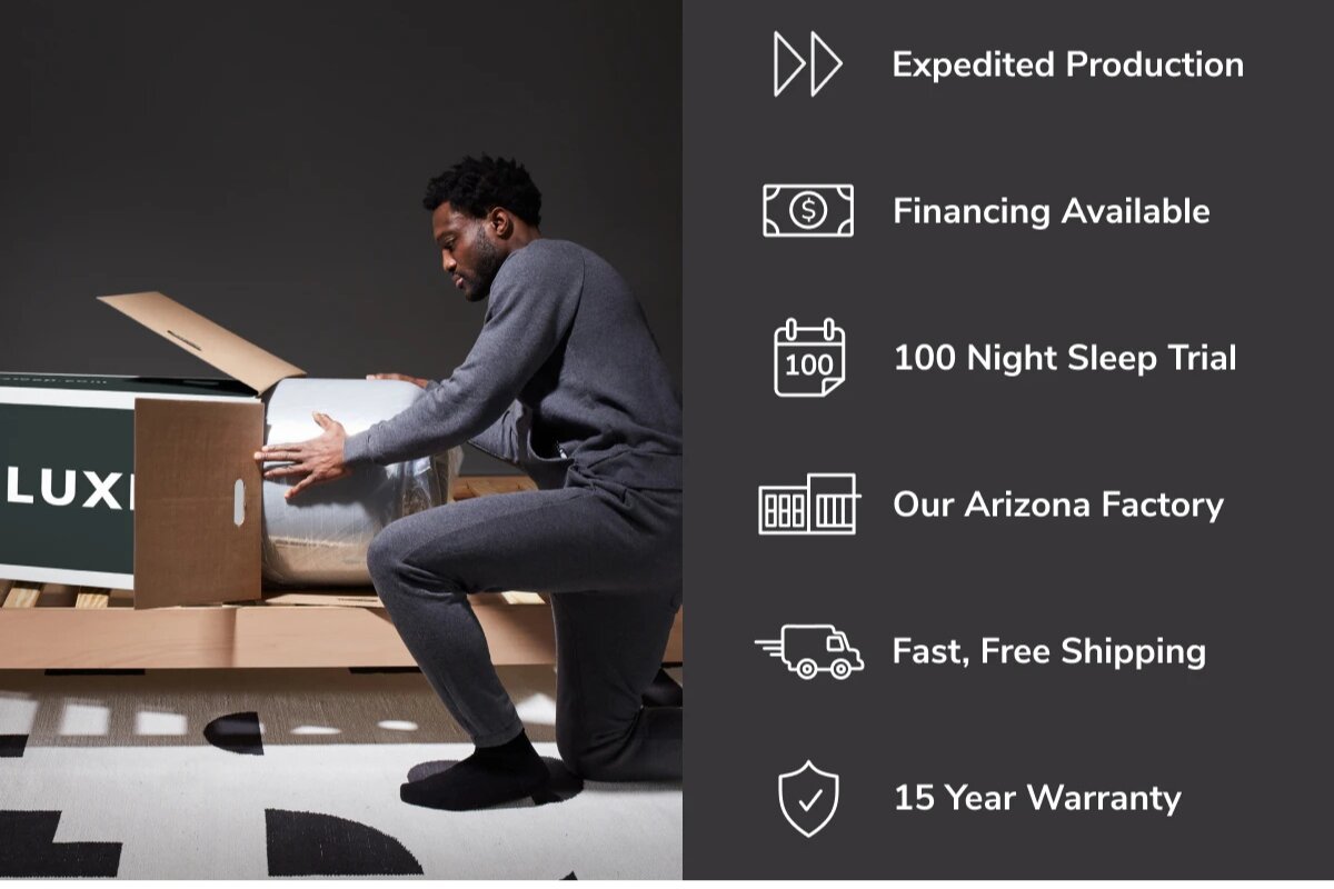 man unboxing Helix mattress with 100-night sleep trial and free shipping benefits