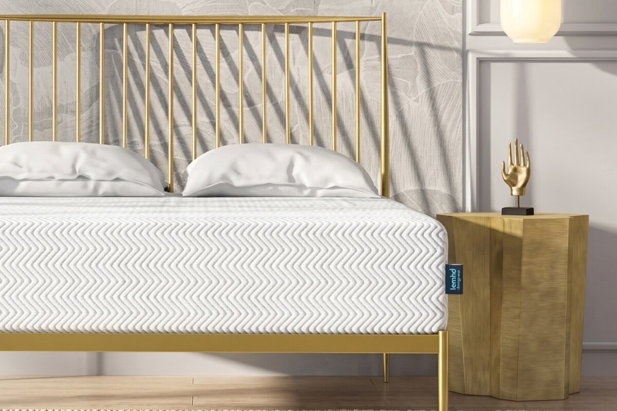 Leesa Legend Hybrid mattress on gold bed frame with textured cover and minimalist bedroom decor