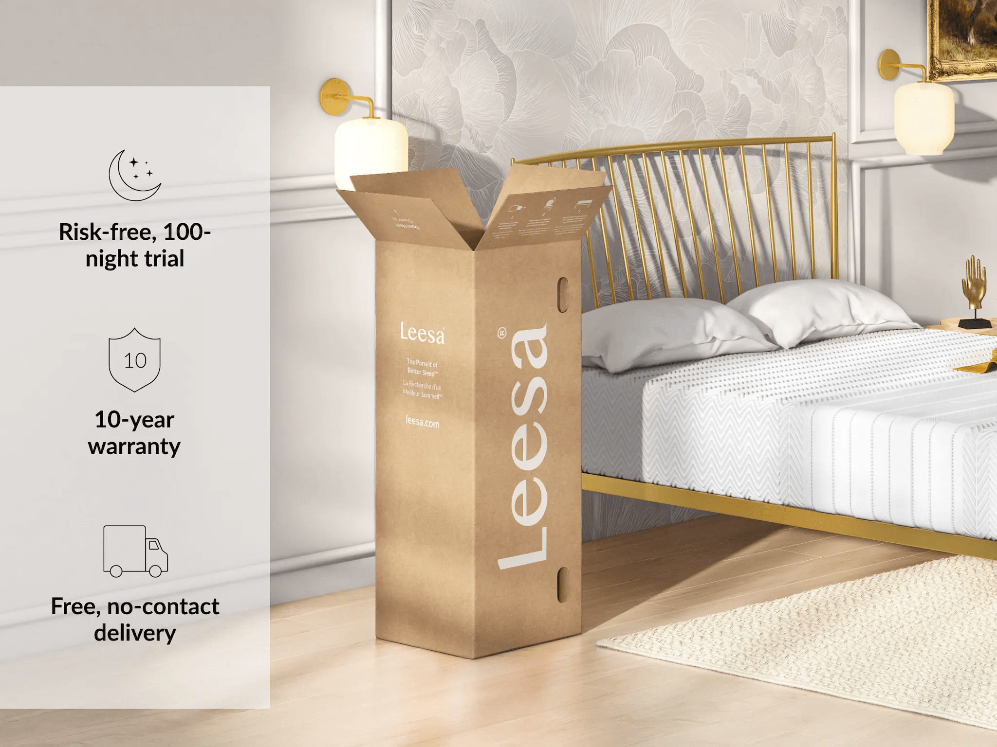 Leesa Legend Hybrid mattress with delivery box and trial warranty information displayed in modern bedroom