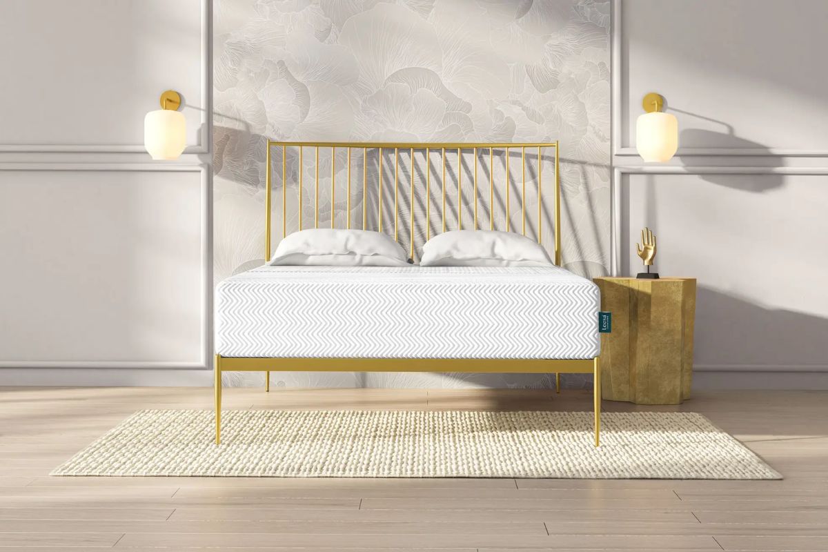 The Leesa Legend Hybrid mattress on a gold bedframe.