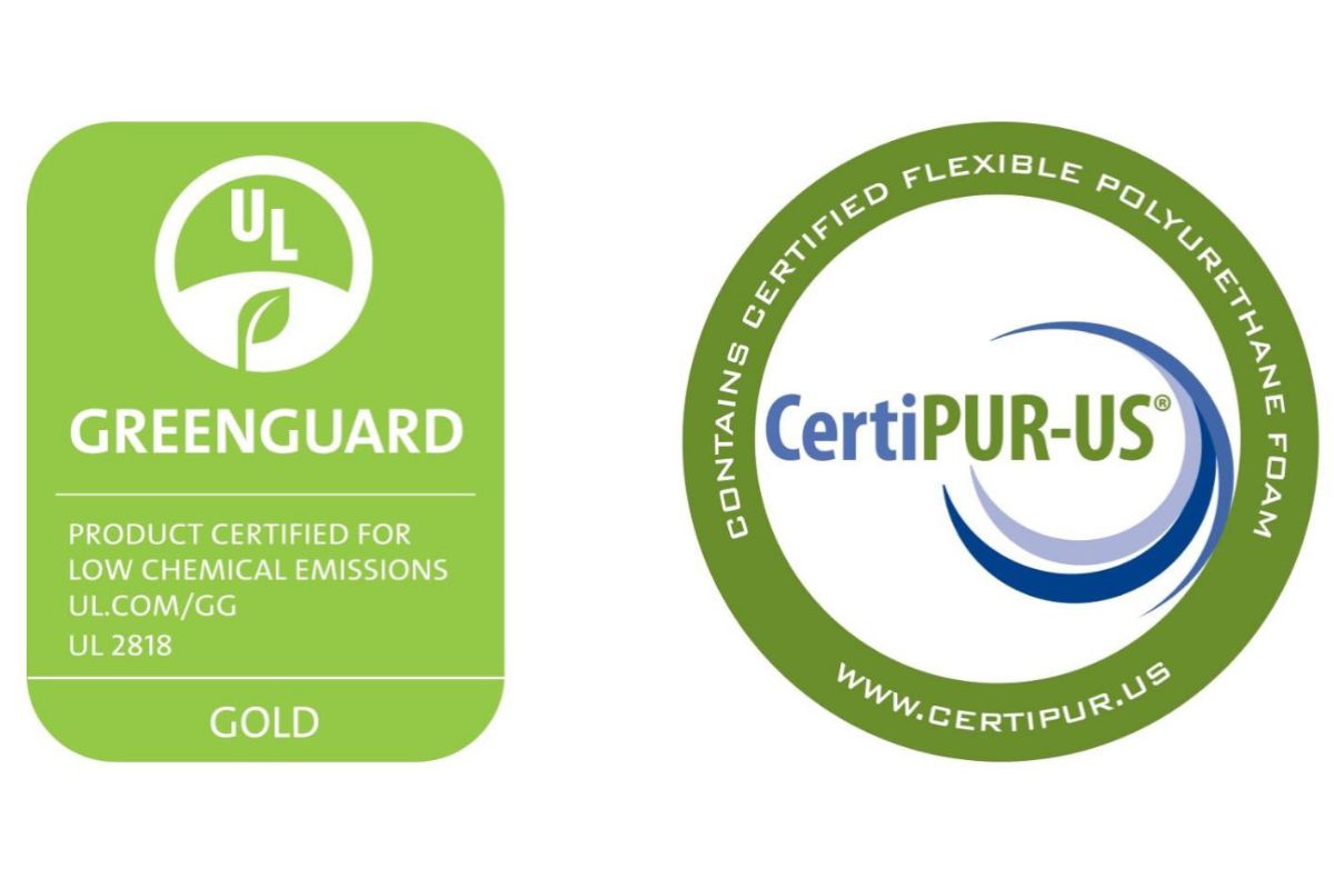 GREENGUARD Gold and CertiPUR-US certifications showing Nolah Evolution 15 mattress meets low emissions and foam safety standards