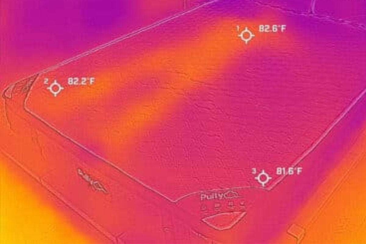 a heat image of a bed with a barely visible outline of a person.