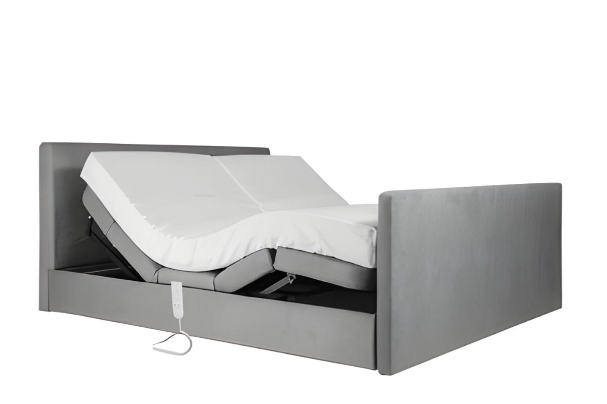 upholstered bed frame with split king adjustable mattress raised at different angles using remote control
