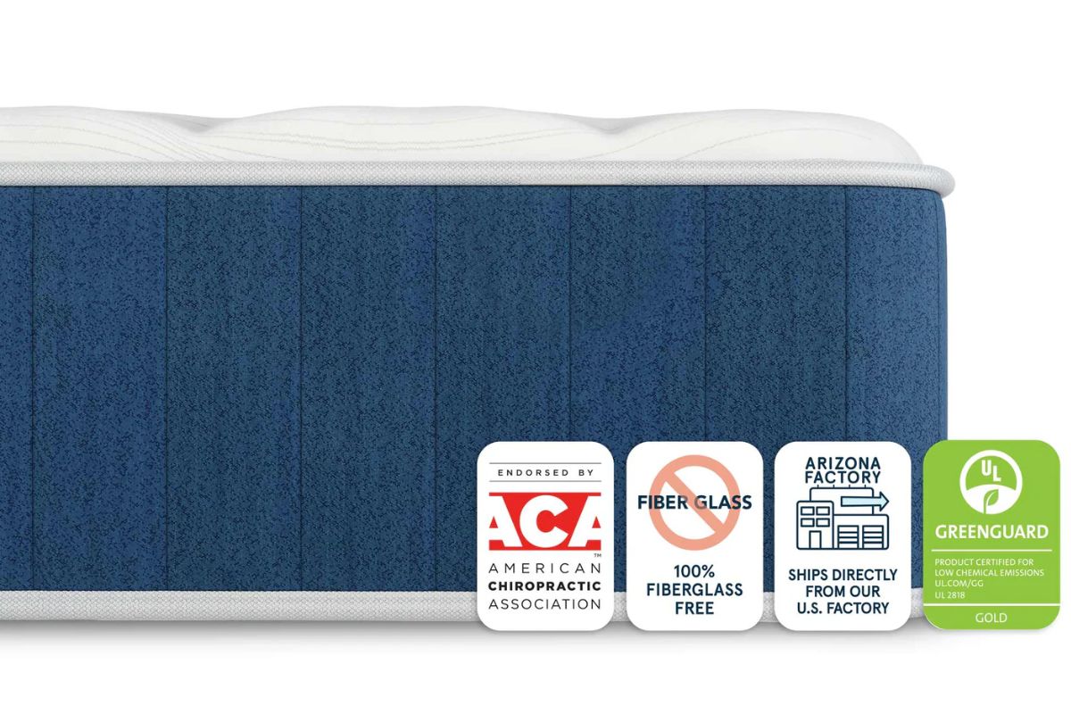 Bear Elite Hybrid mattress side view with safety certifications including fiberglass-free and Greenguard Gold labels