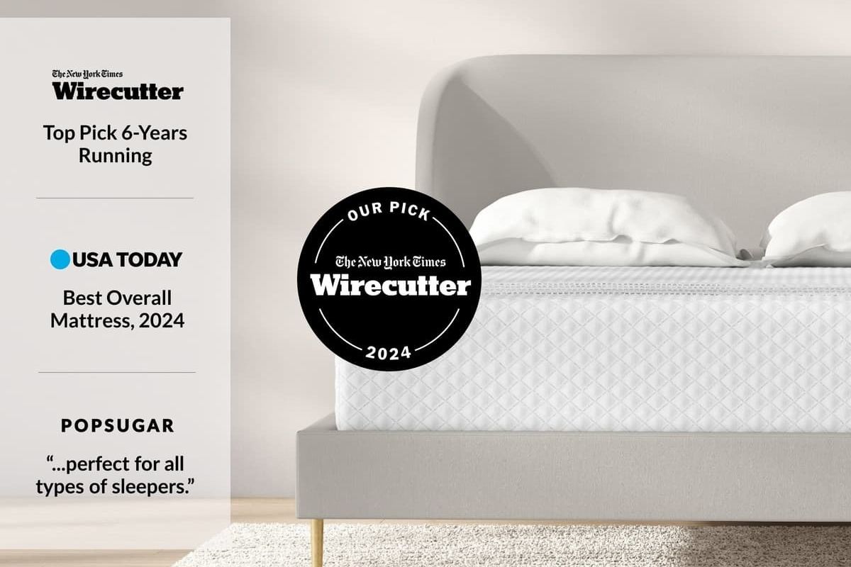 Full size mattress with Wirecutter and USA Today awards emphasizing top-rated comfort and support