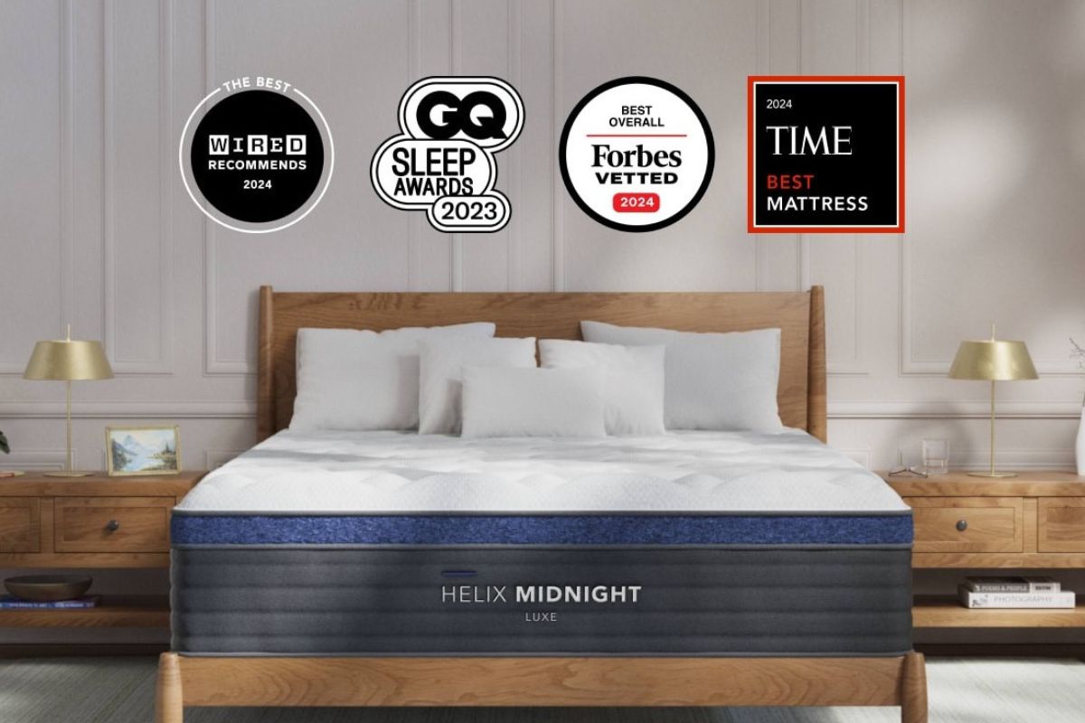 Helix Midnight Luxe mattress with awards displayed showcasing top-rated queen size mattress performance
