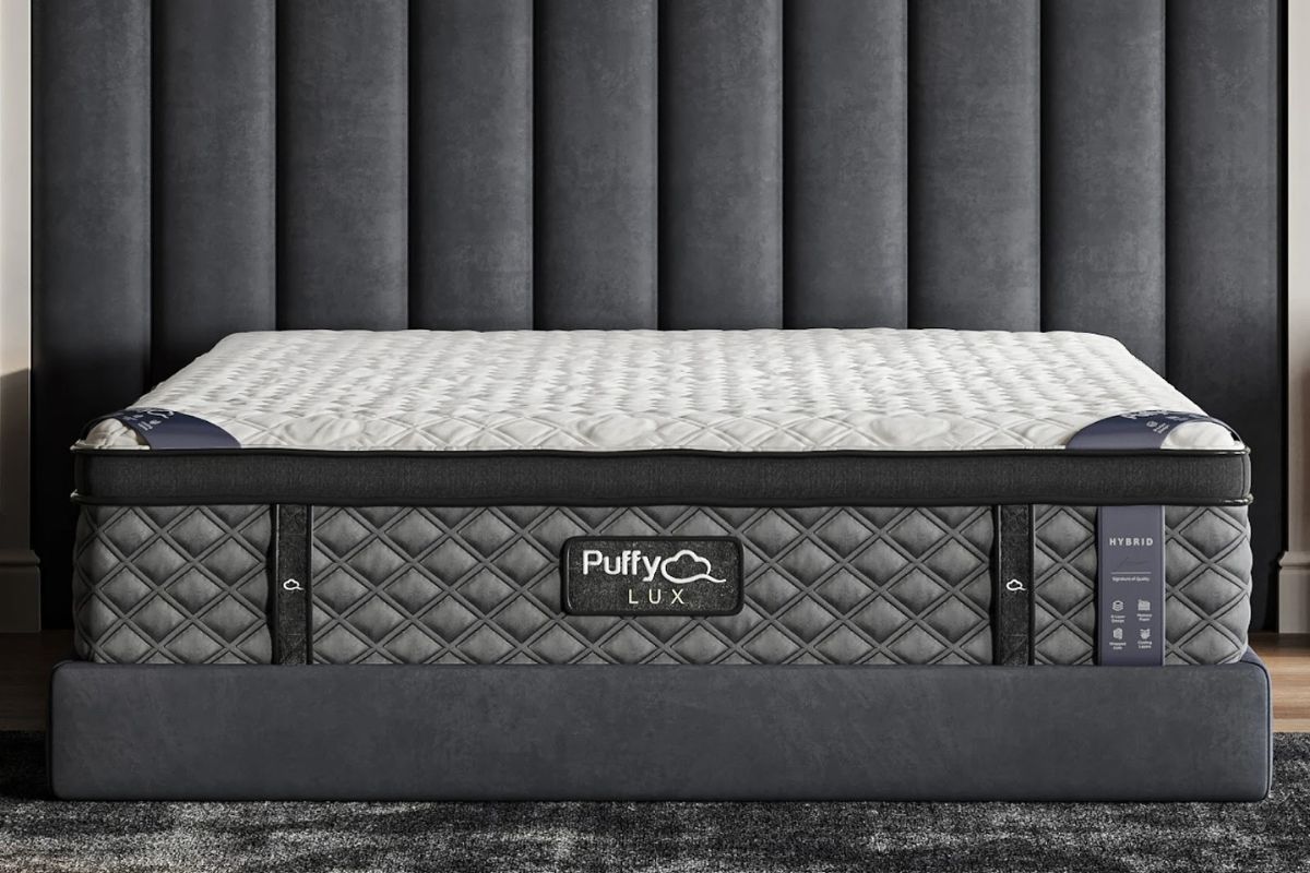 Puffy Lux hybrid mattress on a queen size bed highlighting plush comfort, pressure relief, and supportive design