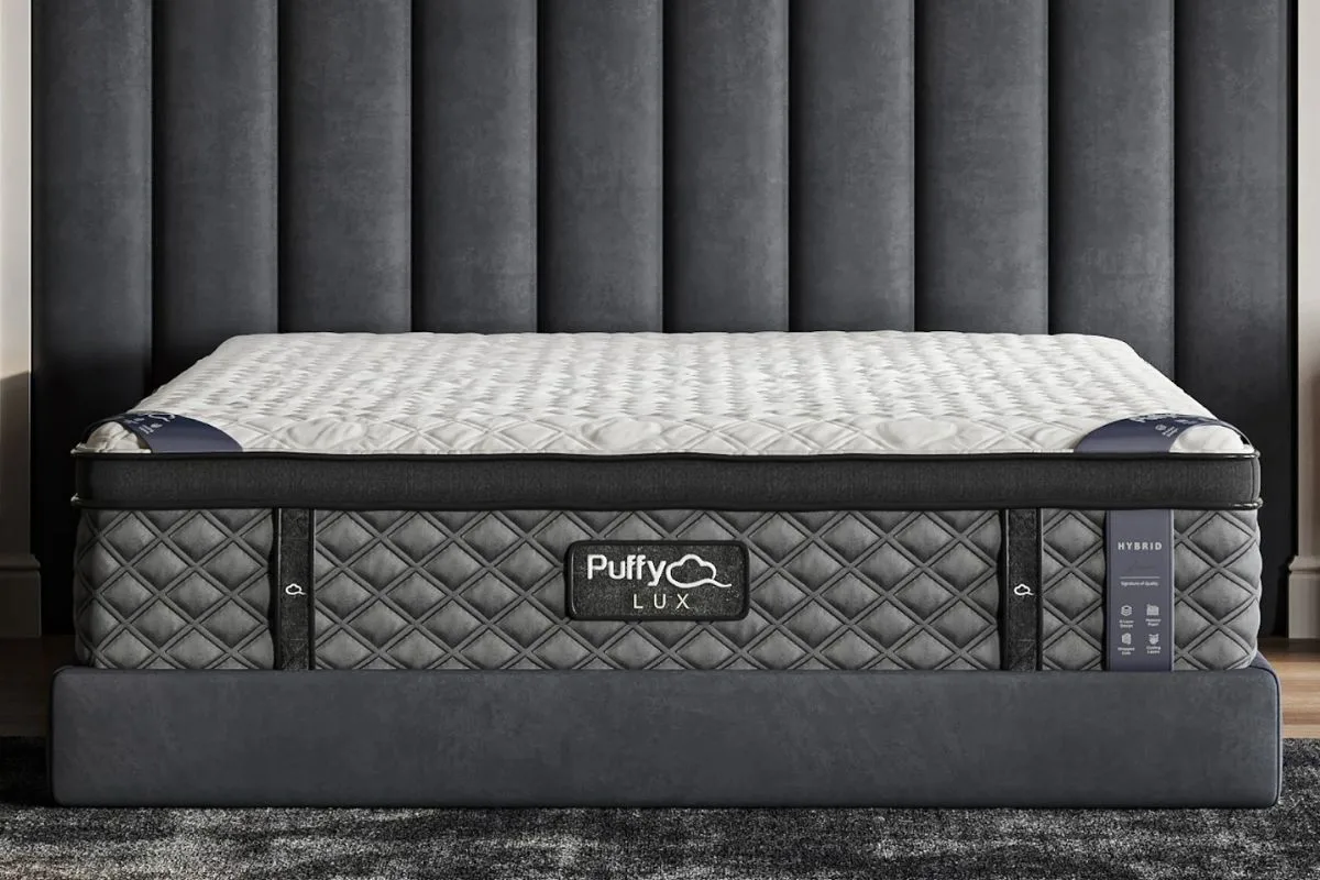 Puffy Lux hybrid mattress on a queen size bed highlighting plush comfort, pressure relief, and supportive design