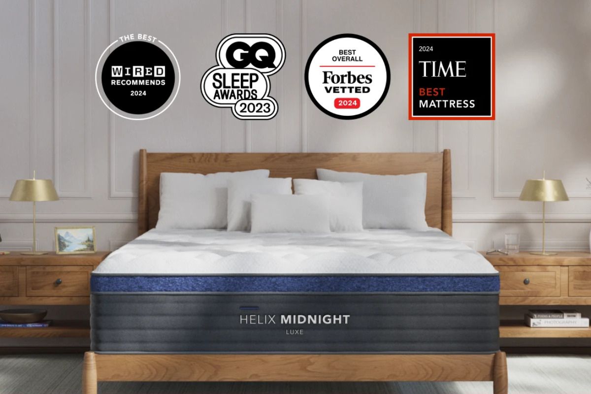 Helix Midnight Luxe mattress on bed with award badges highlighting top-rated Twin XL comfort and support