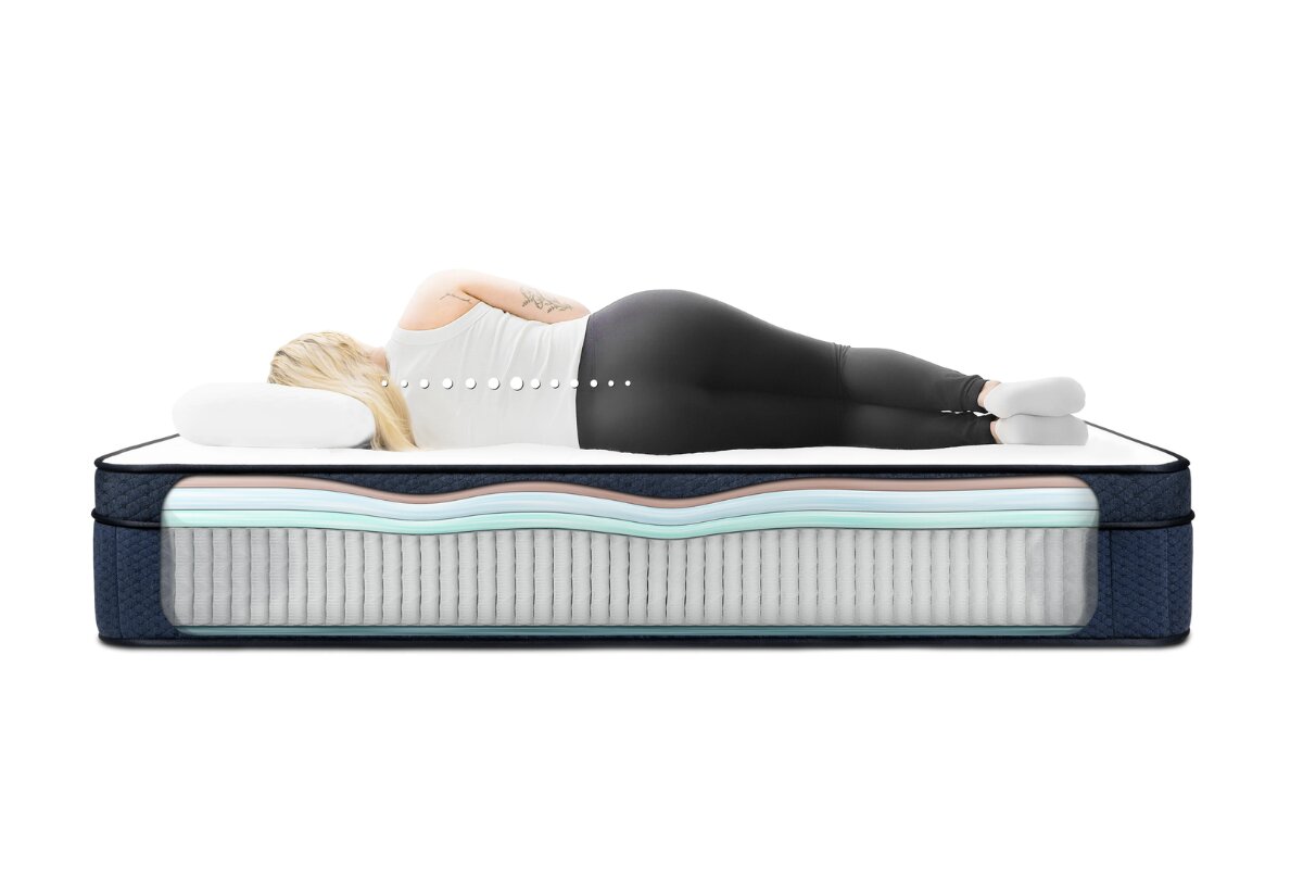 cross-section of Brooklyn Bedding Aurora Luxe Cooling mattress showing layered support system with person lying on side