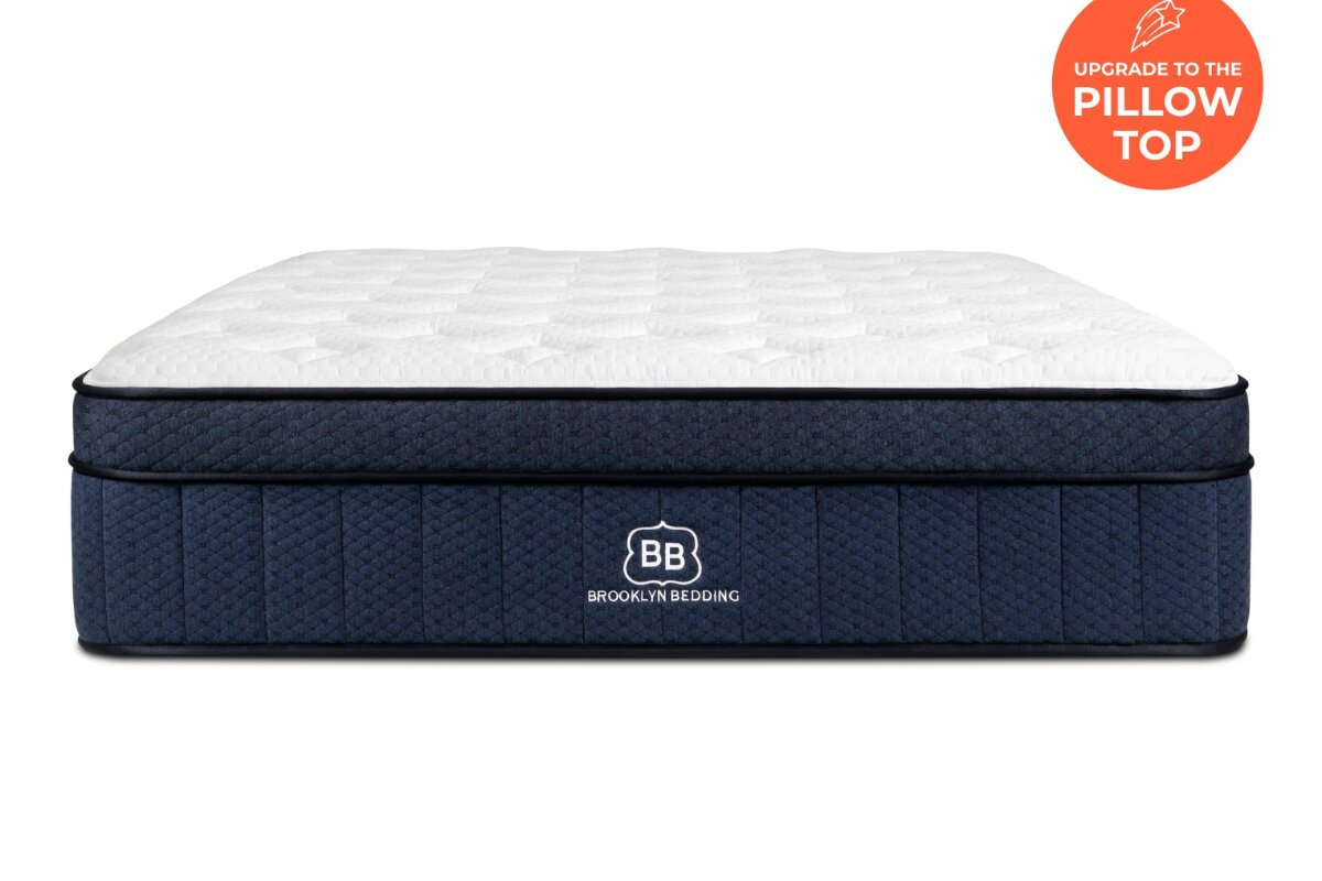 Brooklyn Bedding mattress with pillow top upgrade featuring plush white surface and blue side panels