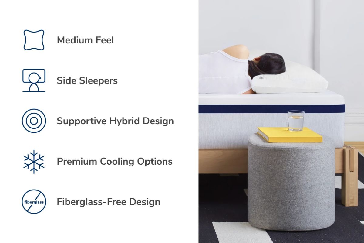 Helix Midnight features list showing fiberglass-free construction and cooling safety benefits
