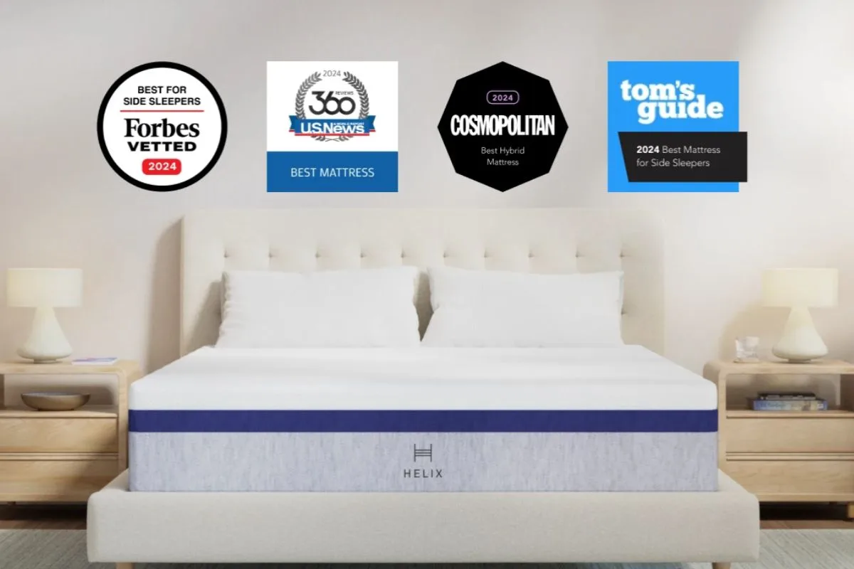 Helix Midnight mattress with industry awards highlighting safety, quality, and certified materials