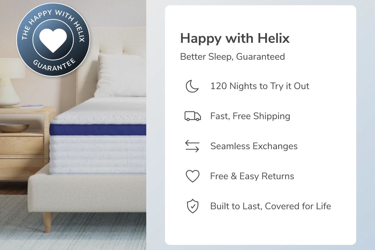 The Helix Midnight with benefits: Happy with Helix better sleep, guranteed, 120 nights to try it out, fast, free shipping, seamless exchanges, free and easy returns, built to last, covered for life.