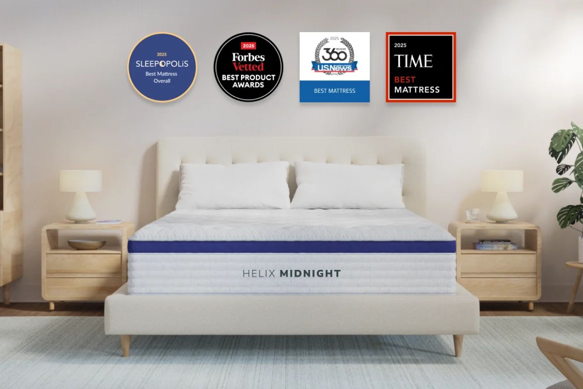 The Helix Midnight with accolades above the mattress from sleepopolis(best mattress overall), Forbes Vetted(best product awards), USNews(Best mattress) and TIME(best mattress).