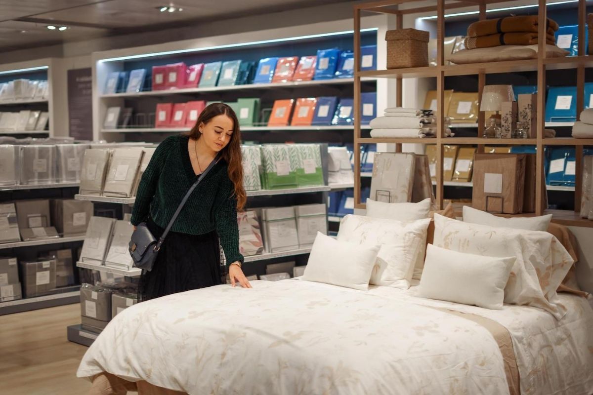 Woman testing a California King mattress in store while comparing bedding options and pricing