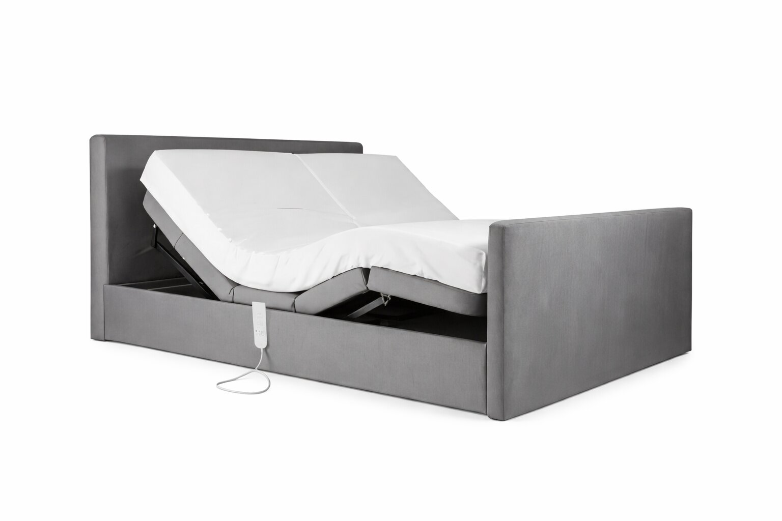 adjustable bed frame with split mattress elevated at head and knee sections with remote control
