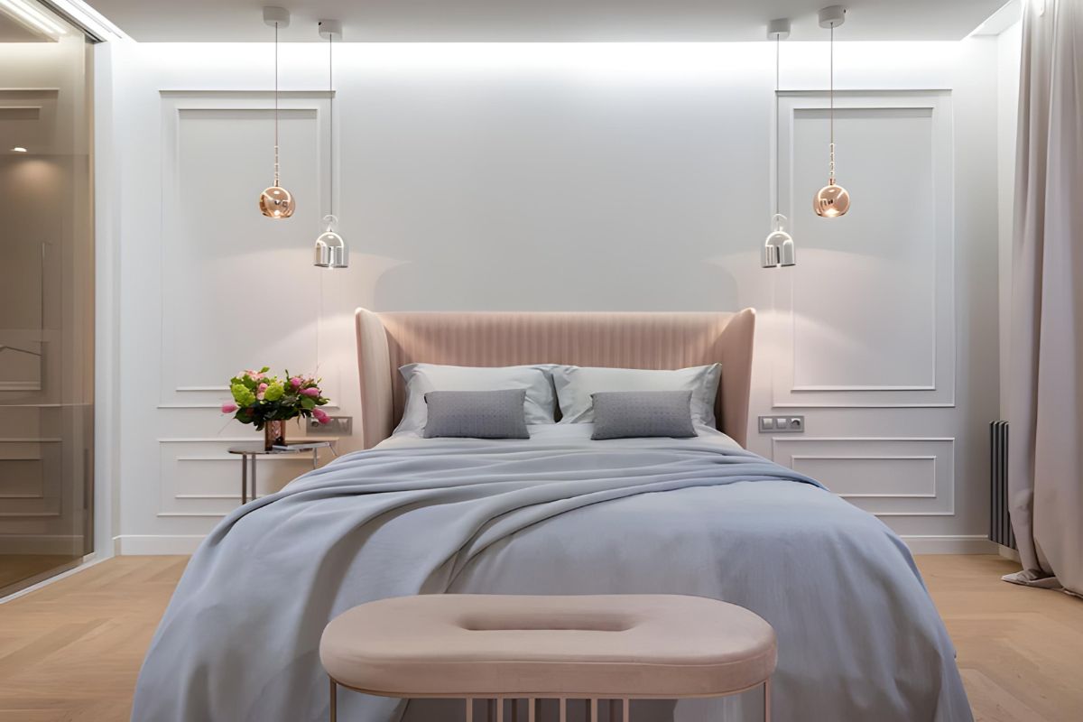 California King bed in modern bedroom showing overall width and room fit