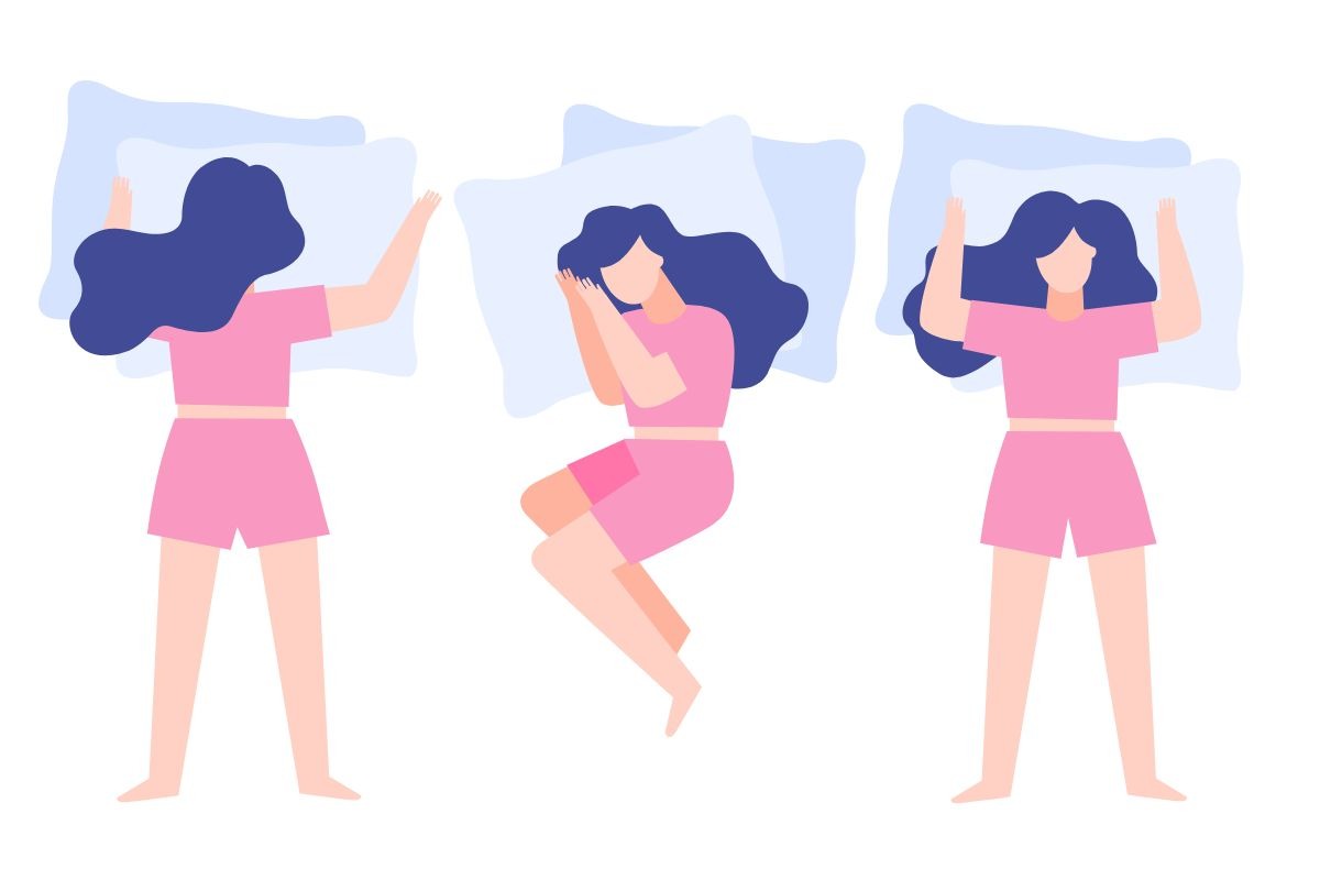 A diagram of a woman sleeping in different positions: stomach, side and back.