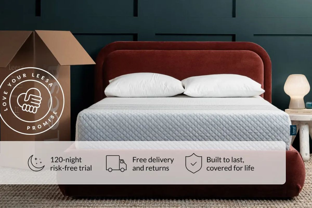 The Leesa Sapira Hybrid mattress with the benefits: 120-night risk-free trial, free delivery and returns, built to last, covered for life, and the delivery box with a stamp of love your Leesa promise on it.