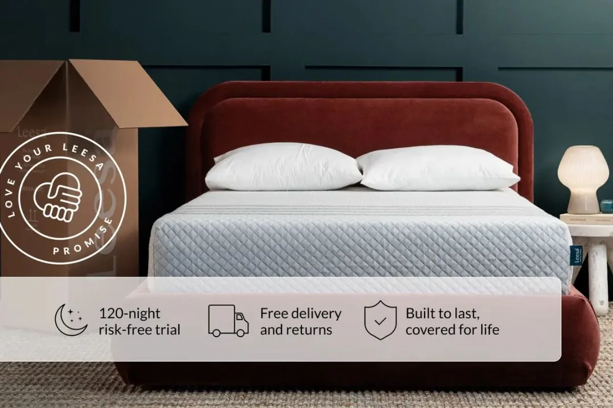 The Leesa Sapira Hybrid mattress with the benefits: 120-night risk-free trial, free delivery and returns, built to last, covered for life, and the delivery box with a stamp of love your Leesa promise on it.