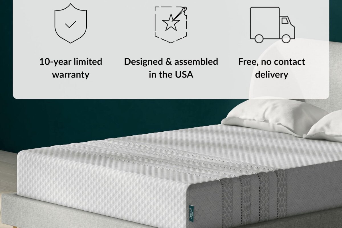 Leesa Sapira Hybrid mattress close-up showing quilted surface with icons highlighting 10-year warranty, USA assembly, and free delivery