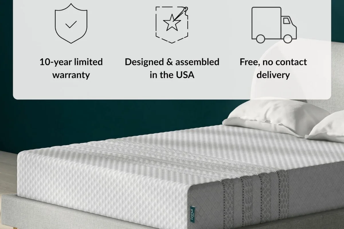 Leesa Sapira Hybrid mattress close-up showing quilted surface with icons highlighting 10-year warranty, USA assembly, and free delivery