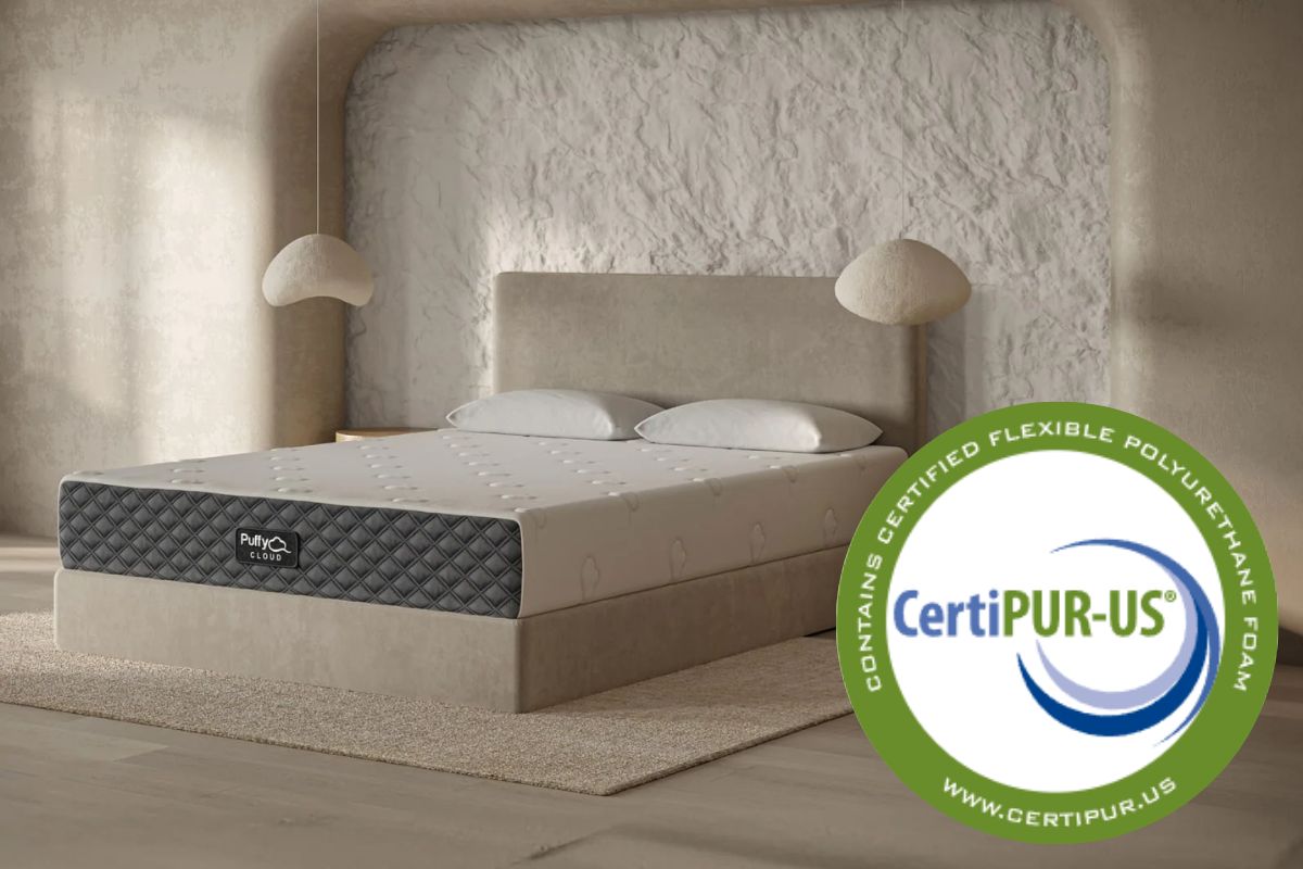 Puffy Cloud Mattress with CertiPUR-US certification badge highlighting safe, low-emission foam materials