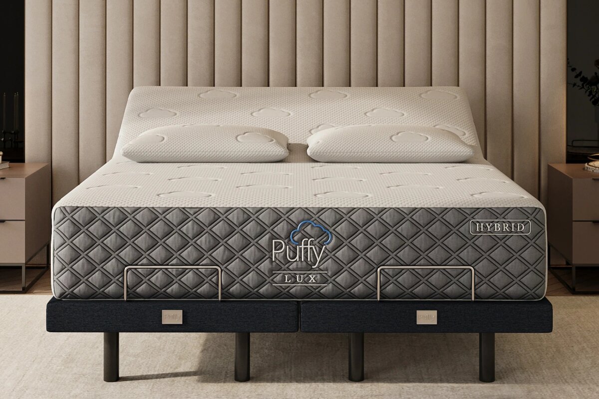 Front view of Puffy Lux Mattress on adjustable base with matching pillows in a modern bedroom setup