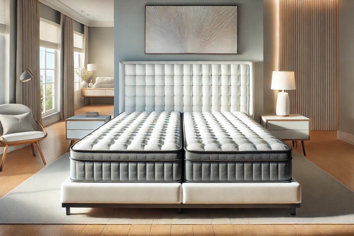 split california king mattress setup in a spacious modern bedroom interior