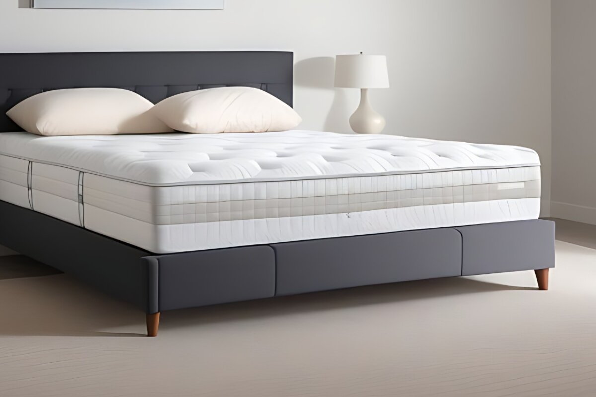 california king mattress on a modern upholstered bed frame in a minimalist bedroom