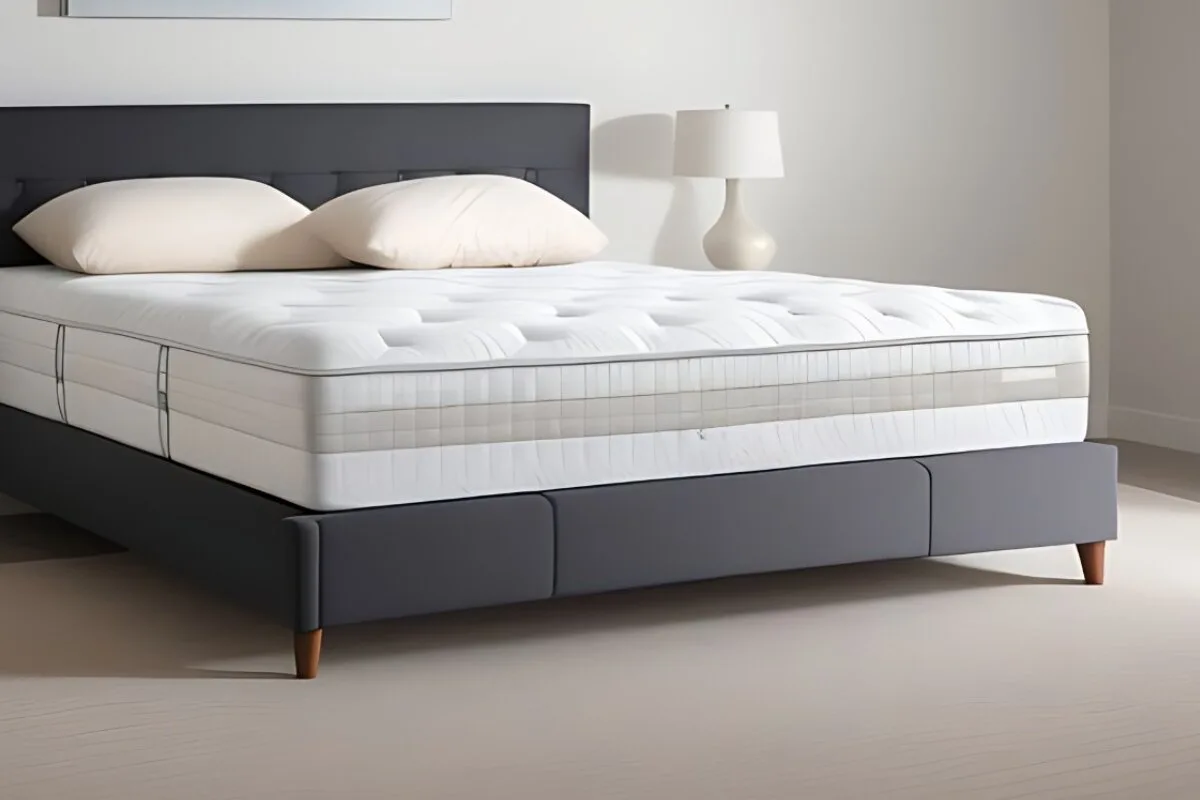 california king mattress on a modern upholstered bed frame in a minimalist bedroom