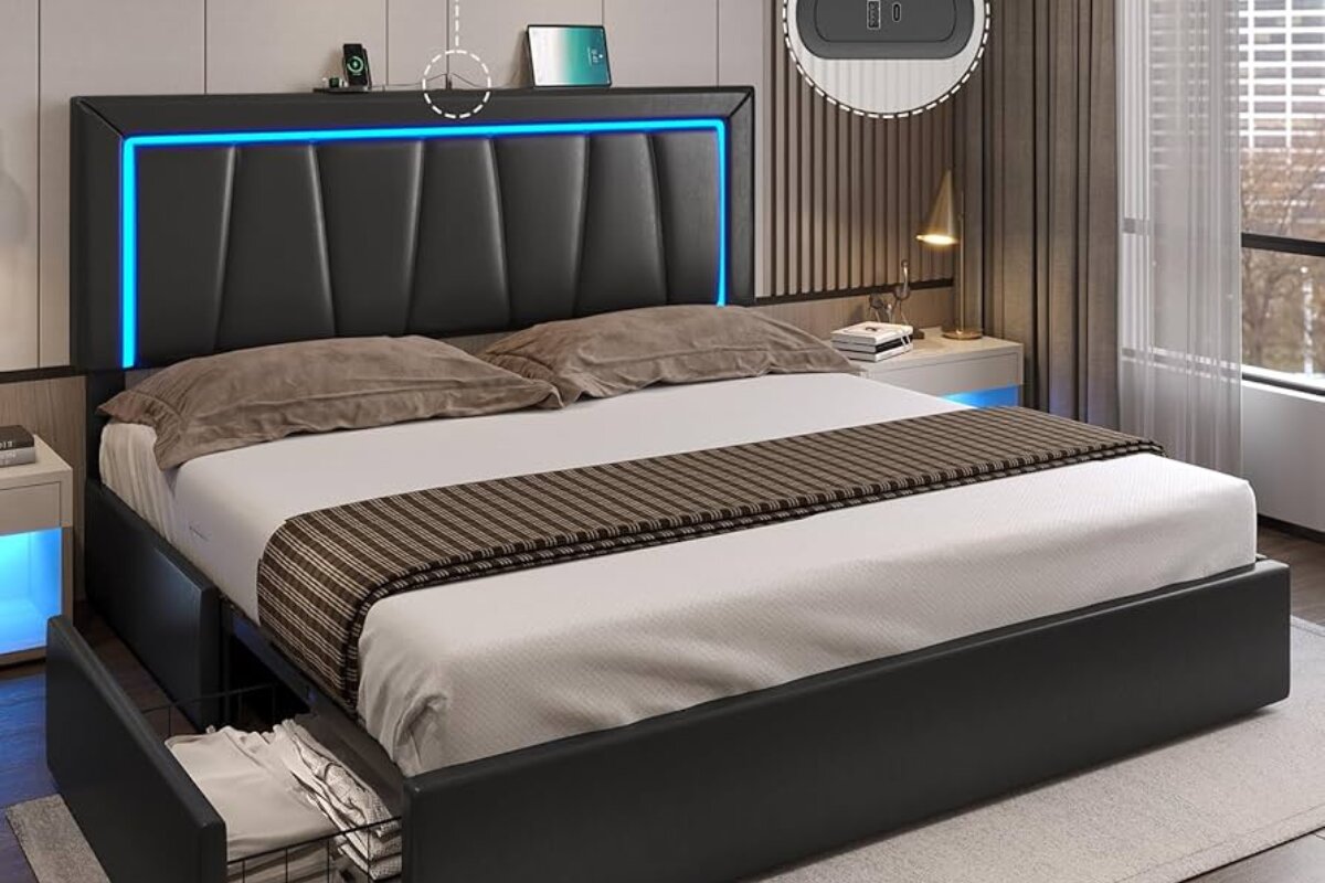 modern black california king bed frame with led lighted headboard, storage drawers, and upholstered design in a contemporary bedroom