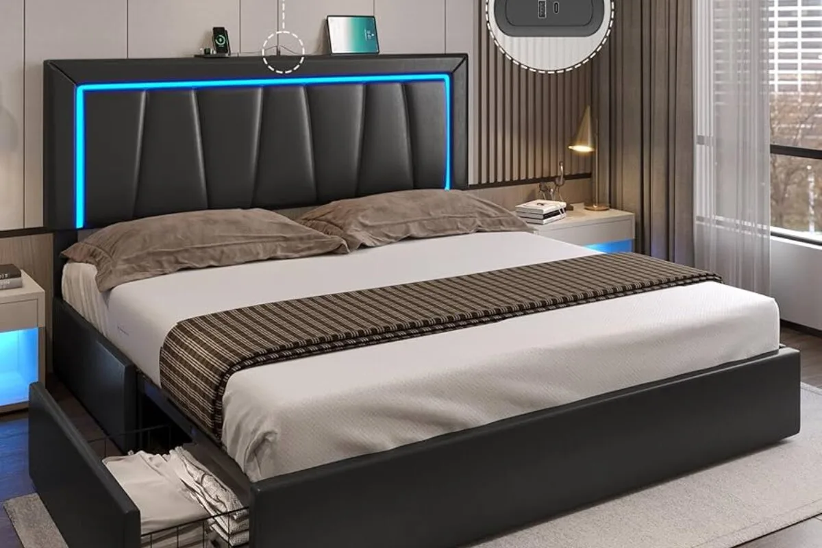 modern black california king bed frame with led lighted headboard, storage drawers, and upholstered design in a contemporary bedroom