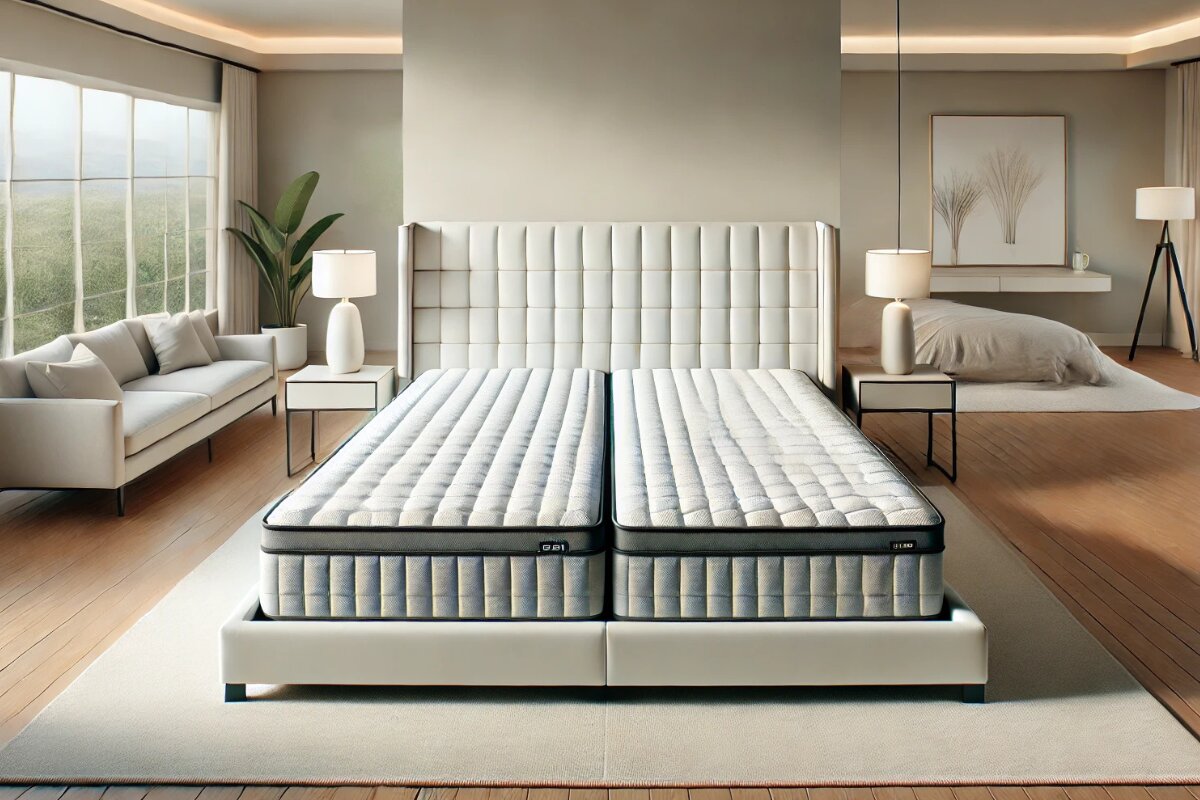 split california king mattress with two separate sides in a modern bedroom setup