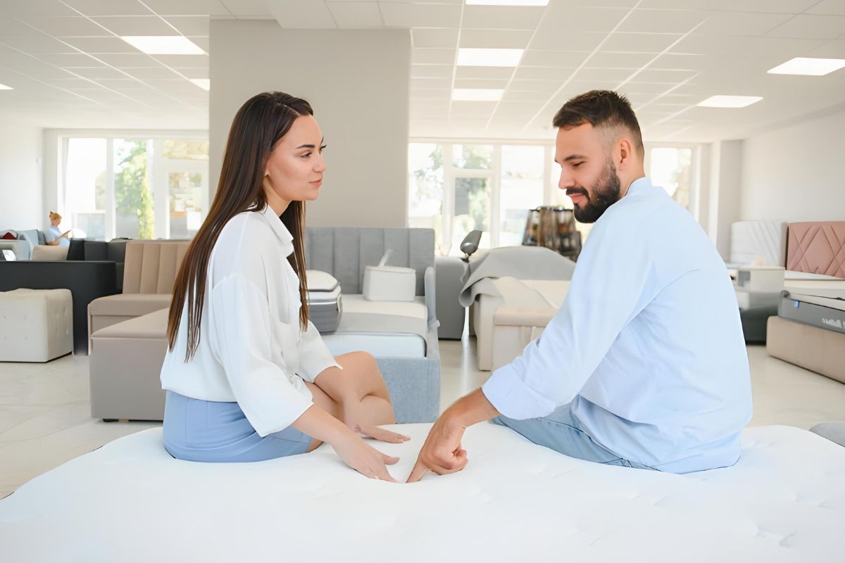 Couple testing mattress in store demonstrating space and comfort differences between King and California King