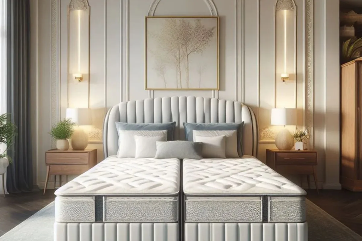 Split California king bed setup with two separate mattresses demonstrating correct sizing and fit for adjustable bases
