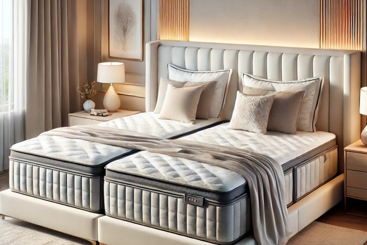 split king mattress setup with two twin xl beds side by side on upholstered frame in modern bedroom