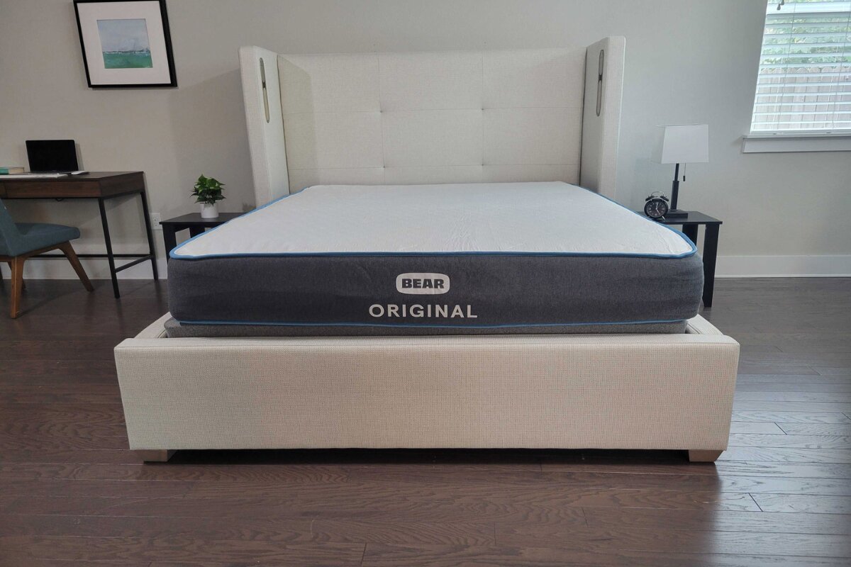 bear original mattress on a modern bed frame in a bright bedroom