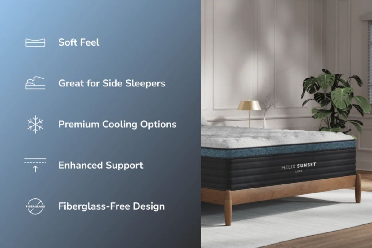 The Helix Sunset Luxe with descriptions: soft feel, great for side sleepers, premium cooling options, enhanced support, and fiberglass-free design.