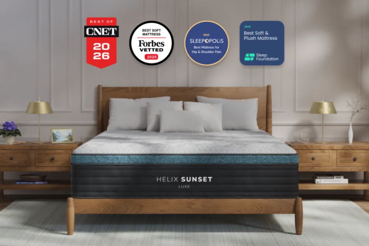 The Helix Sunset Luxe with accolades: CNET, Forbes Vetted, Sleepopolis and Sleep Foundation.