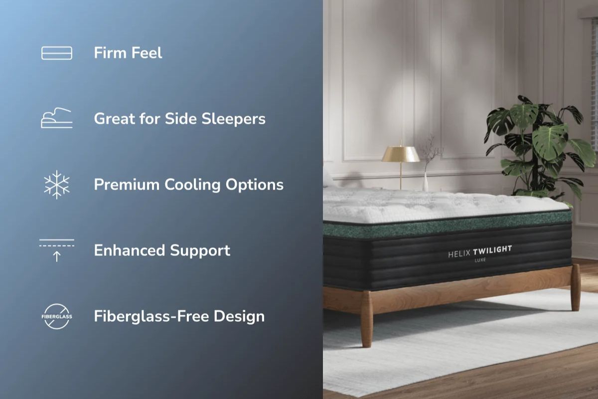 The Helix Twilight Luxe with descriptions: firm feel, great for side sleepers, premium cooling options, enhanced support, and fiberglass-free design.