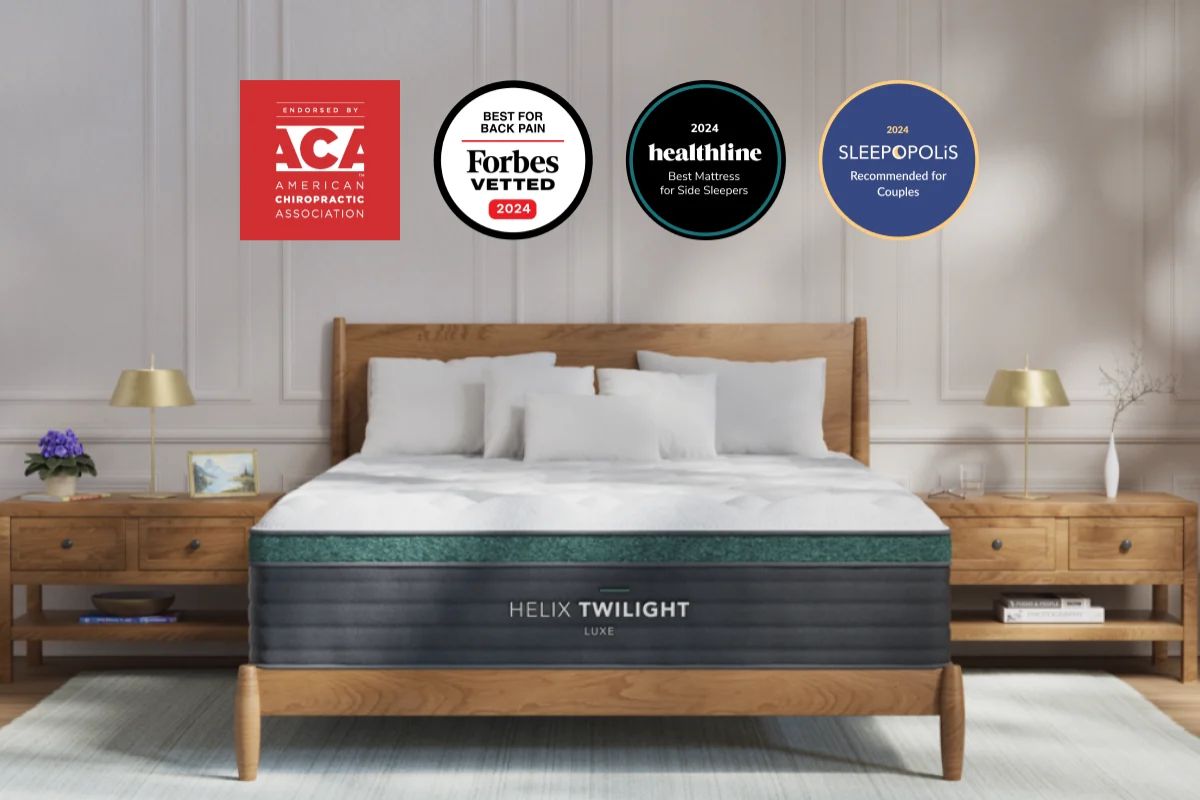 The Helix Twilight Luxe with accolades fomr American Chiropractic Associations, Forbes Vetted, healthline, Sleepopolis.
