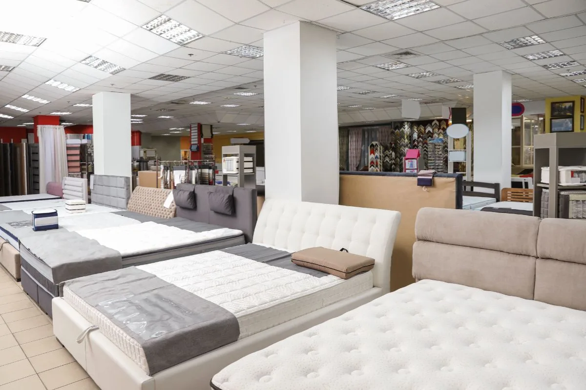Mattress store showroom displaying multiple full size mattress options at different price points