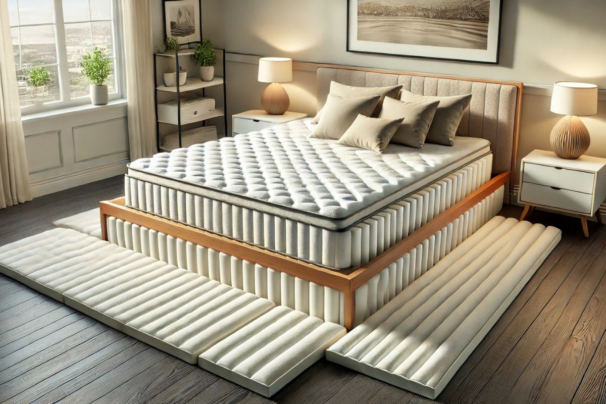 Mattress layers and base setup illustrating how to adjust support when fitting a full mattress on a queen frame