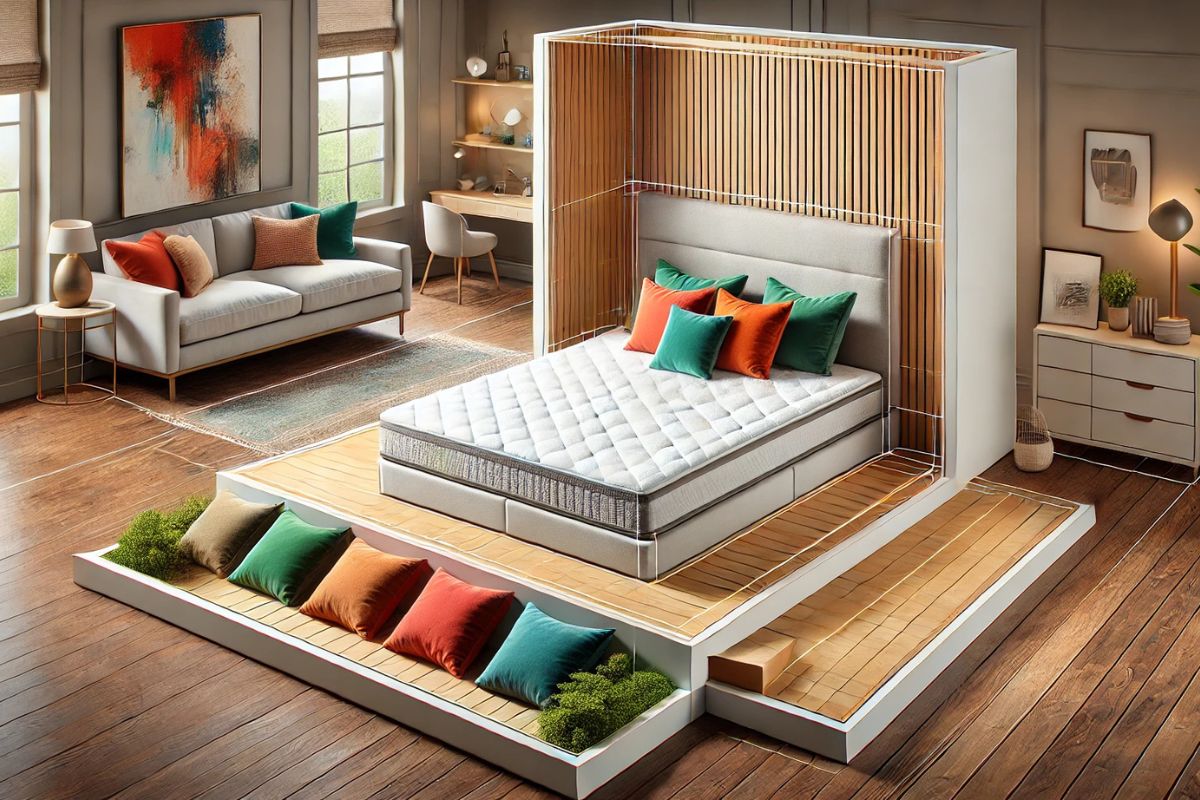 Bedroom setup with platform bed showing proper support ideas when using a smaller mattress on a larger frame
