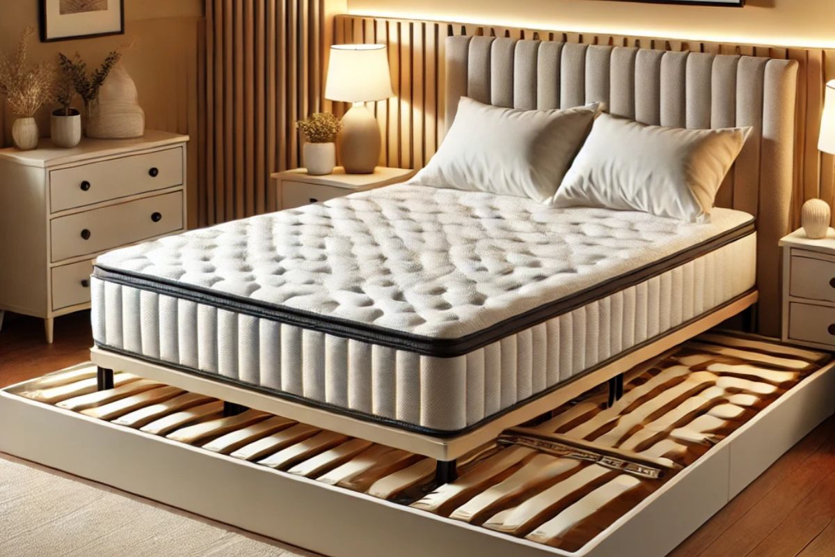 Full size mattress placed on a larger bed frame showing size mismatch on a queen frame